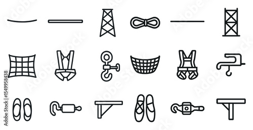 Construction and safety outline icons set – linear, silhouette, industrial symbols