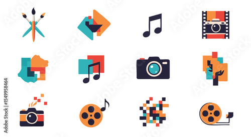 Vibrant Flat Design Icons Representing Diverse Creative Arts, Digital Media, Music, Photography, and Film.