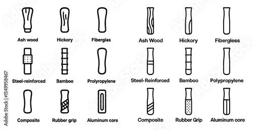 Baseball bat handles outline icons set – linear, silhouette, sports equipment symbols