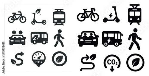 Eco transport icons set – silhouette, solid, sustainable travel and green commute