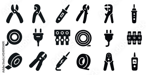 Electrical tools solid icons set – filled, power equipment and wiring symbols