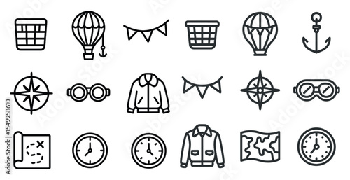 Adventure and travel linear icons set – line, minimalist exploration symbols