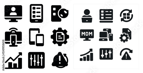 Data management solid icons set – technology, database, it symbols