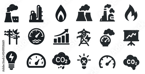 Pollution and environmental solid icons set – filled, flat, emissions visuals