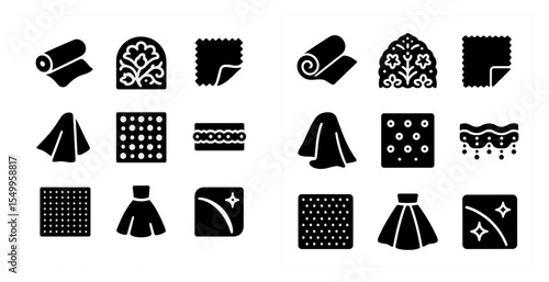 Textile and fabric solid icons set – silhouette, pattern, material design elements