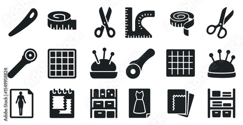Sewing tools solid icons set – knitting, crafting and diy design elements