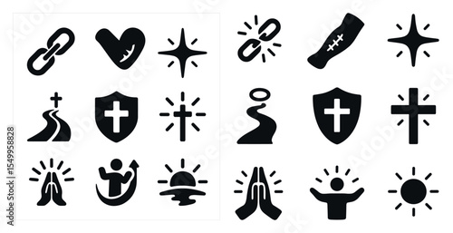 Christian faith solid icons set – silhouette, filled, religion and belief symbols