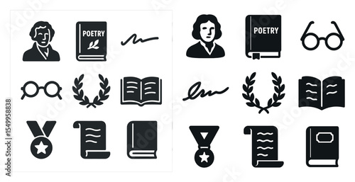 Literature and poetry solid icons set – filled, books, reading and writing symbols