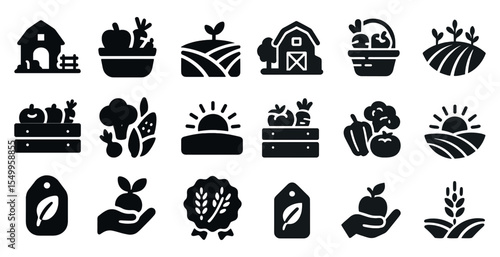 Organic farm silhouette icons set – agriculture, harvest, eco-friendly symbols