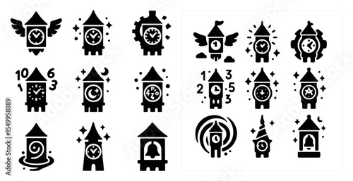 Timekeeping filled icons set – clock, watch, daily schedule symbols