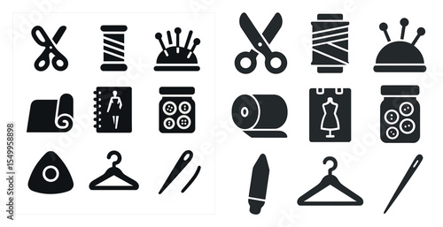 Sewing tools icons set in solid style – crafting, tailoring, dressmaking symbols