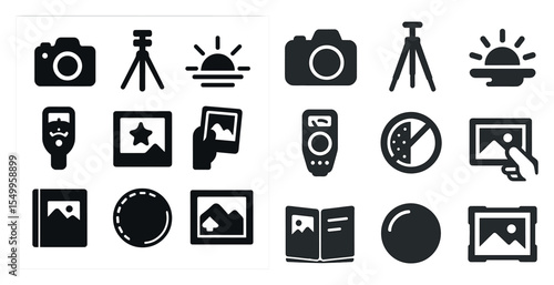 Photography and camera solid icons set — silhouette, filled, equipment symbols