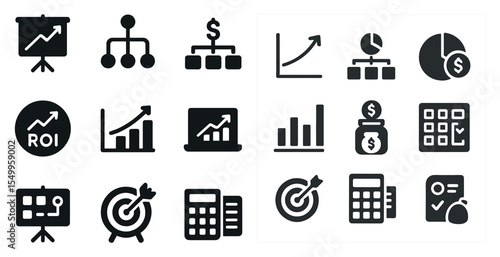 Business and finance icons set – solid, chart, analysis, money symbols