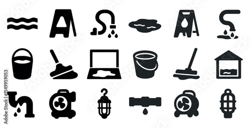 Cleaning and maintenance icons set – solid, filled, sanitation and janitorial symbols