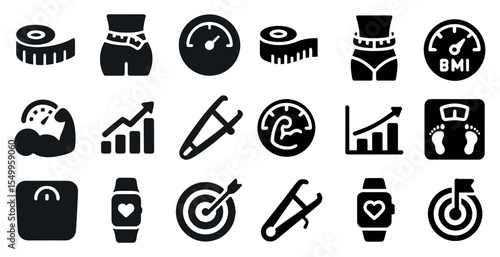 Health and fitness filled icons set – solid, weight management, exercise symbols