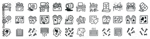 Office mess linear icons set – line, outline, clutter and chaos symbols
