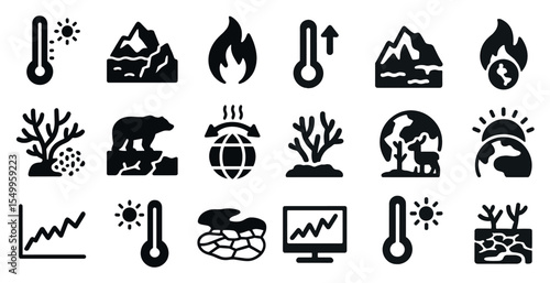 Climate change solid icons set – filled, global warming and environmental symbols