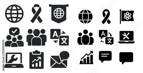 Global communication solid icons set – language, translation, digital symbols