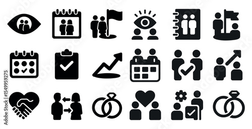 Business and teamwork solid icons set – filled, collaboration, meeting symbols