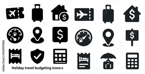 Travel and tourism solid icons set – flat, filled vacation planning symbols