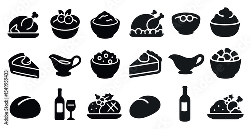 Thanksgiving dinner filled icons set – flat, meal, and holiday celebration symbols