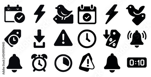 Time management solid icons set – filled, schedule, alert and deadline symbols