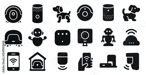 Smart home and pets silhouette icons set – solid, filled, automation symbols