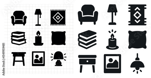 Home decor silhouette icons set – cozy, interior, and furniture symbols