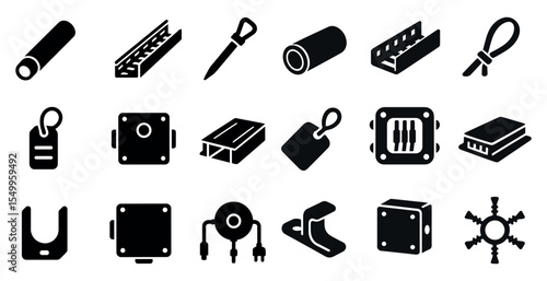 Manufacturing and production solid icons set – factory, industrial, engineering symbols