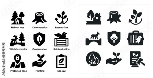 Wildlife conservation solid icons set – habitat, deforestation, ecological symbols