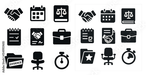 Business and legal solid icons set – filled, corporate, legal office symbols