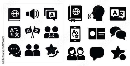 Language and communication solid icons set – filled, speech, translation symbols
