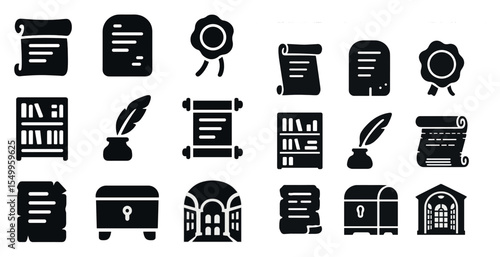 Historical document silhouette icons set – certificate, scroll, contract symbols