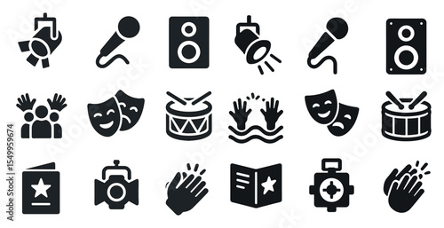 Music and performance silhouette icons set – solid, filled, concert and entertainment symbols