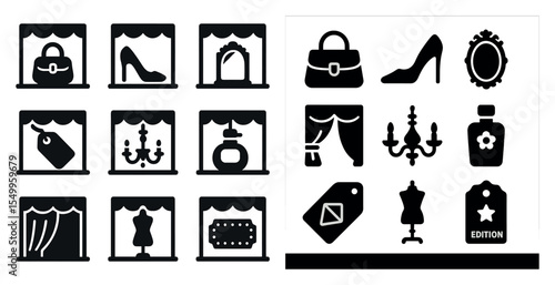 Fashion and retail silhouette icons set – chic, elegant, boutique shop symbols