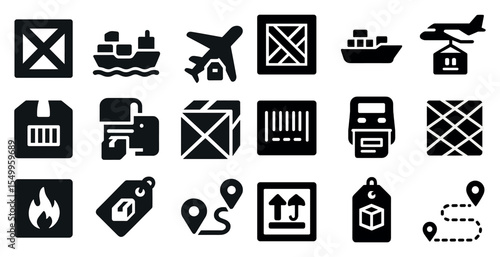 Shipping and delivery filled icons set – solid, transport, logistics symbols