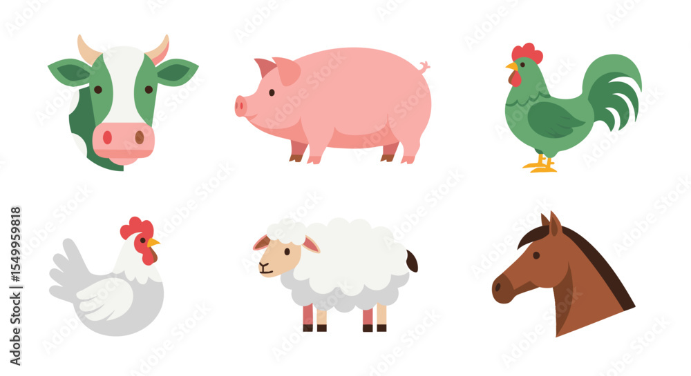 Obraz premium Cute Flat Design Farm Animal Characters Set Isolated On White Background Vector Illustration
