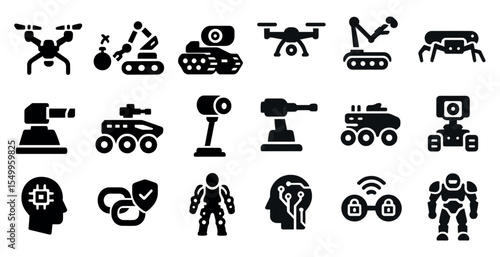 Robotics and ai solid icons set – technology, futuristic, machine learning symbols