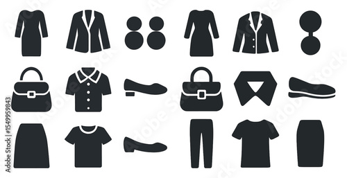 Fashion and clothing solid icons set – filled, apparel, wardrobe elements
