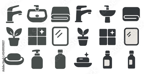 Home and bathroom solid icons set – filled, flat, interior and hygiene symbols