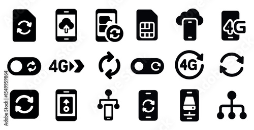 Mobile technology solid icons set – communication, network, connectivity symbols