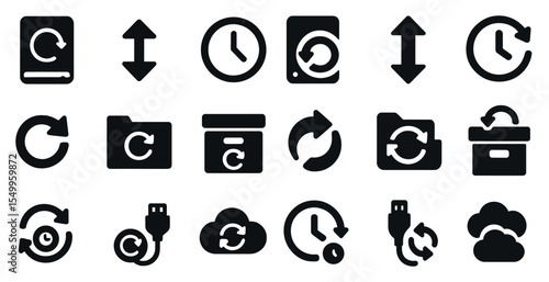 Data management solid icons set – backup, synchronization, cloud symbols