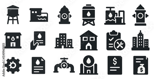 Water management solid icons set – flat, filled, utility and infrastructure symbols