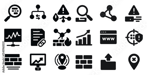 Data analysis solid icons set – filled, analytics and research symbols