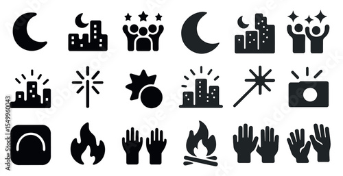 Nightlife and celebration solid icons set – filled, festive, party symbols