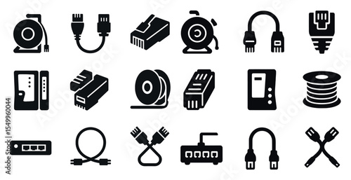 Networking solid icons set – flat, filled, data cable and connection symbols