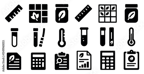 Biotechnology and science solid icons set – lab, filled, research and experiment visuals