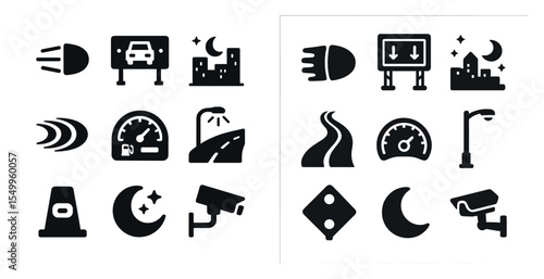 City and traffic solid icons set – filled, street, urban navigation symbols