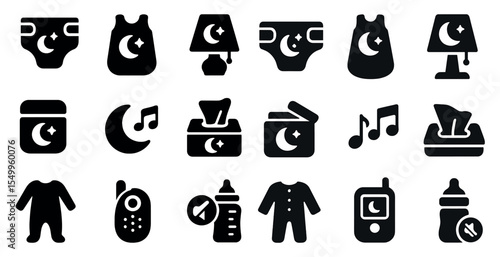 Baby care solid icons set – filled, infant and nursery essentials