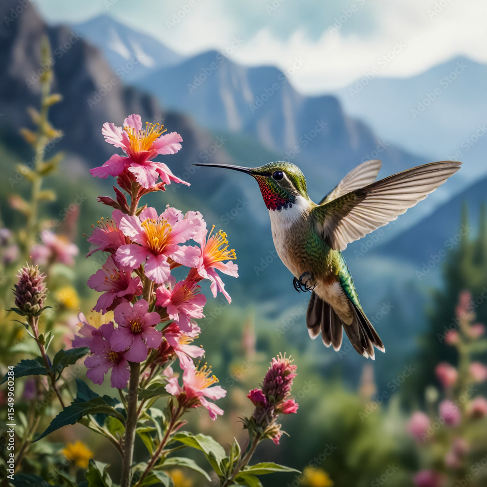 Fototapeta premium Watercolor A captivating image of a Broad-tailed Hummingbird hovering near a cluster of wildflowers in the mountainous terrain. The bird’s green and pink feathers shine brightly in the light